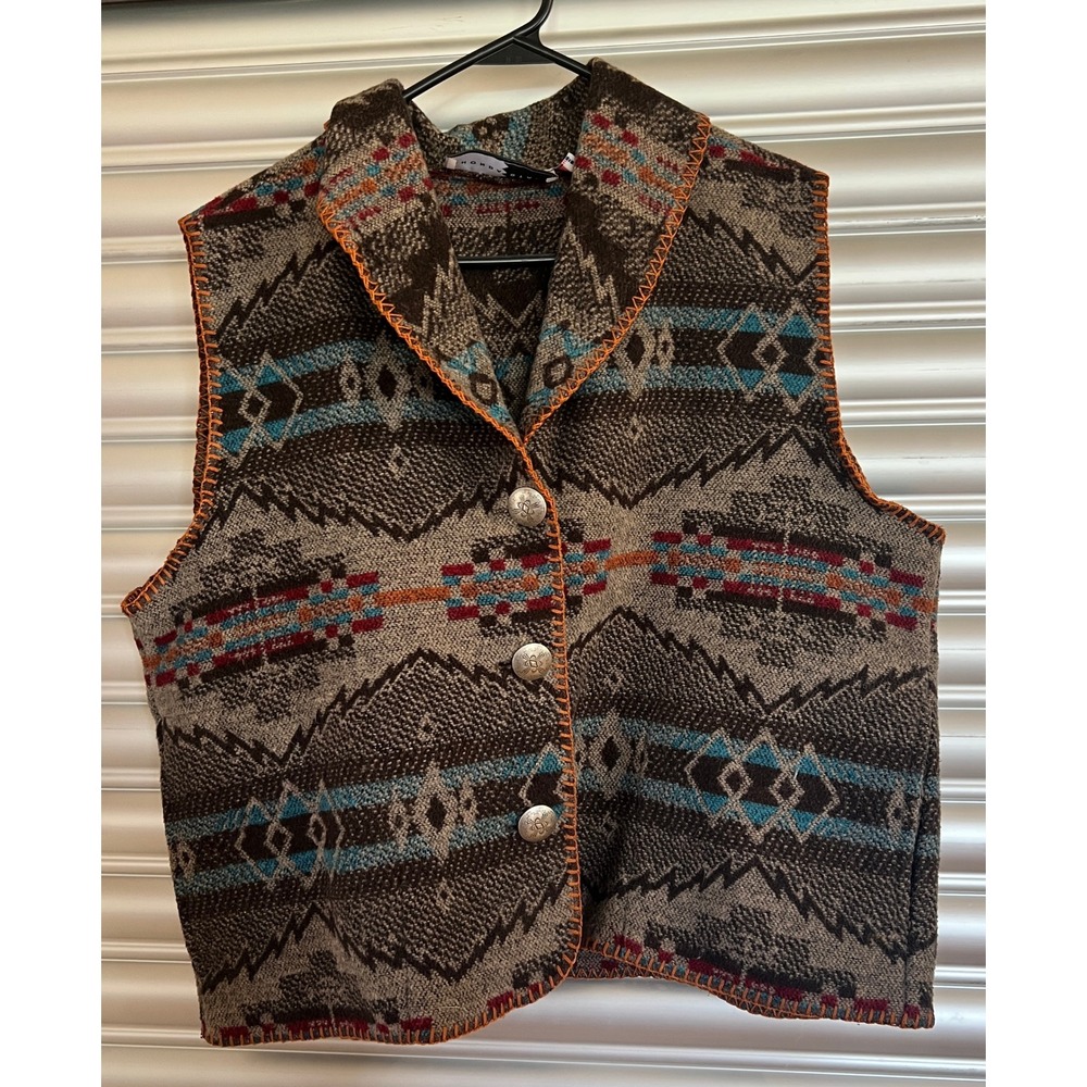 Rhonda Stark Womens Southwestern Wool Blend Vest Brown Geometric Concho Buttons